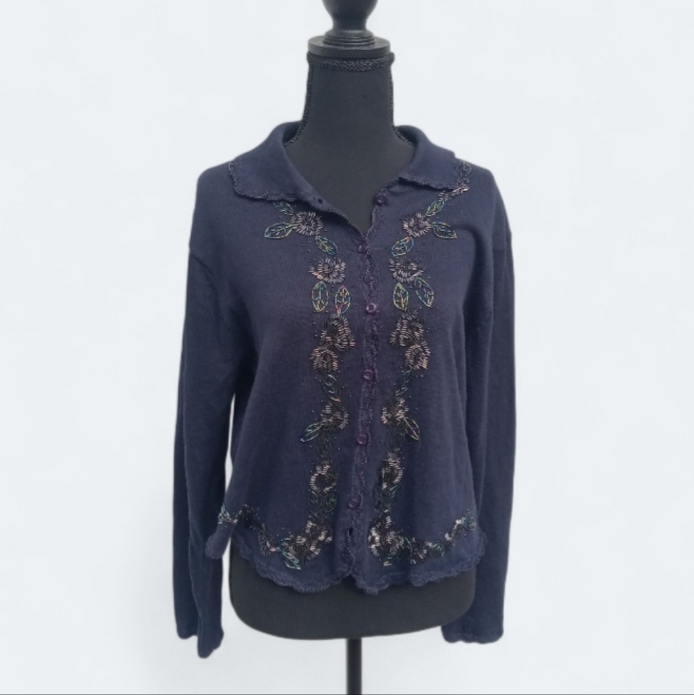 Hand Embroidered Women's Sweater Crochet Trim Beaded Embroidery Navy Blue Medium